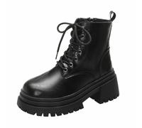 Damen-Stiefel, große Größe, runde Spitze, kurze Stiefel, Plateau-Stiefel, Retro, Leder, Schnürung, schick, elegant, rutschfest, leicht, bequeme Stiefel, Schwarz, 40 EU
