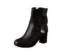 Damen-Stiefel mit Schleife und Perlen, runder Zehenbereich, hohe Absätze, Vintage, kurze Stiefel aus Leder, elegant, schick, leicht, britischer Stil, Herbst und Winter, Schwarz, 38 EU