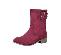 Damen-Stiefeletten, niedriger Absatz, kurze Stiefel, Retro, breite Wadenweite Wade aus Wildleder, rutschfeste Schnalle, Herbst, Winter, elegant, Damenschuhe, Burgunderrot, 40 EU