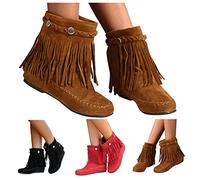 Damen Stiefeletten,Westernstiefel Veloursleder Niedrige Absätze Fransen Stiefel,Damen Flache Stiefeletten mit Fransen Ankle Boots Retro Herbst Winter Schuhe