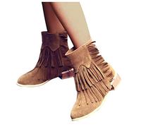 Damen Stiefeletten,Westernstiefel Veloursleder Niedrige Absätze Fransen Stiefel,Damen Flache Stiefeletten mit Fransen Ankle Boots Retro Herbst Winter Schuhe
