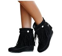 Damen Stiefeletten,Westernstiefel Veloursleder Niedrige Absätze Fransen Stiefel,Damen Flache Stiefeletten mit Fransen Ankle Boots Retro Herbst Winter Schuhe