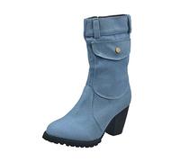 Damen Stiefeletten Worker Boots Warm Gefüttert Stiefel Damen Style Large High Heel Denim Mid-Tube (43,Hellblau)
