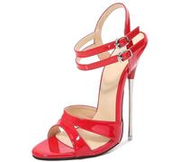 Damen-Stilettos aus Lackleder, 16 cm, High Heels, spitzer Zehenbereich, Knöchelriemen-Pumps, Stilettos mit Metallabsatz, Büro-Abendkleid-Schuhe,Rot,45