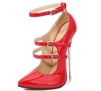 Damen-Stilettos aus Lackleder, 16 cm, High Heels, spitzer Zehenbereich, Knöchelriemen-Pumps, Stilettos mit Metallabsatz, Büro-Abendkleid-Schuhe,Rot,42