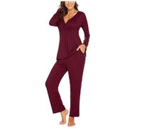 Damen Stillpyjama Lang Umstands Zweiteiliger Schlafanzug Stillschlafanzug Baumwolle Umstandspyjama Langarm Umstandsmode Winter Hausanzug für Schwangerschaft Pyjama Mikrofaser Bademantel Damen (Red, L)
