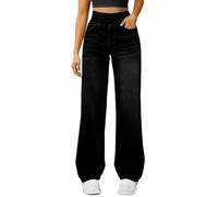 Damen Straight Leg Jeans Baggy Lang Weites Bein Jeanshosen High Waist Leichter Oversize Denimhose Mit Knopfleiste Taschen Loose Warm Freizeithose (Black #1, M)