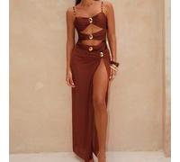 Damen Strand Outfit - 3-teiliges Set mit Metallic Akzenten, schimmernder brauner Stoff, modisches, lässiges, Resort-Sexy, elegantes Damen Badeanzug &