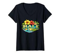 Damen Strandinsel-Reisedesign mit tropischen Blumen auf Bali T-Shirt mit V-Ausschnitt
