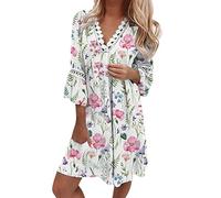 Damen Strandkleid Knielang Boho Kleid 3/4 Ärmel Sommerkleid V-Ausschnitt Ethnischer Stil Blumen Drucken Spitzenbesatz Kleider Festlich Elegant Blumenkleid Blusenkleid Strandkleider