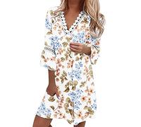 Damen Strandkleid Knielang Boho Kleid 3/4 Ärmel Sommerkleid V-Ausschnitt Ethnischer Stil Blumen Drucken Spitzenbesatz Kleider Festlich Elegant Blumenkleid Blusenkleid Sommerkleider