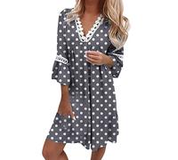 Damen Strandkleid Knielang Boho Kleid 3/4 Ärmel Sommerkleid V-Ausschnitt Ethnischer Stil Blumen Drucken Spitzenbesatz Kleider Festlich Elegant Blumenkleid Blusenkleid Strandkleider