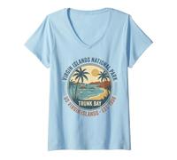 Damen Strandposter im Vintage-Stil, Trunk Bay, Nationalpark der Jungferninseln T-Shirt mit V-Ausschnitt