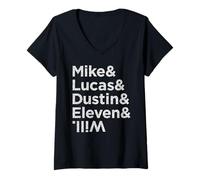 Damen Stranger Things Mike Lucas Dustin Eleven and Will Names T-Shirt mit V-Ausschnitt