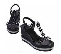 Damen Strass Blumen Keilsandalen Sparkly Plateau Open Toe Kleid Schuhe mit elastischem Knöchelriemen Bequeme dicke Sohle für Party Strand, Schwarz , 39.5 EU