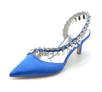 Damen Strass S Strap Kleid Slip Auf Brautschuhe Slingback Satin Pumps Geschlossene Spitze Sandalen Kätzchenabsatz Brautschuhe,Blau,41 EU