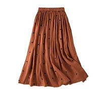 Damen Stretch Hohe Taille Polka Dot Print Mittellanger Rock Leinen Einfarbig Casual Basic Rock, Orange, 44