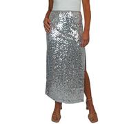 Damen Stretch Sequin Maxi Rock Damen Funkelnder Eleganter Rock Mit Offenem Seitenschlitz Silber 34-48 (XL)