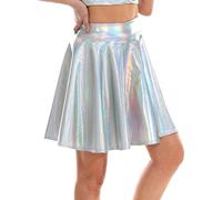 Damen Stretch Skater Röcke Informell Mini Glocken Rock Hohe Taille Metallischer Faltenrock PU Lederrock Sexy A-Linie Silber Rock Karneval Metallic Y2K Tanzrock Rave(7-Clear, XL)