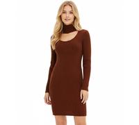 Damen Strick-Kleid Mini-Kleid mit Rollkragen und Ausschnittdetails Langarm-Kleid 979792 Mahagoni-Braun 36/38