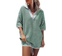 Damen Strick-Set 2-Teilig Sommer Elegantes Gestreiftes Kurzarm-Oberteil mit V-Ausschnitt & High Waist Shorts Casual Lounge-Set Strick-Shorts & Top Klassische Freizeitbekleidung Marine-Look