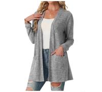 Damen Strickcardigan Polyester Einfarbig Leicht Elastisch(Gray XL) | Offenes Design, zwei Seitentaschen, langarm, regular fit, ganzjährig tragbar