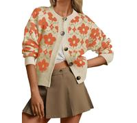 Damen-Strickjacke, Boho-Stil, florales Muster, lange Ärmel, Knopfleiste, Herbstmode 2025, Orange/Abendrot im Zickzackmuster (Sunset Chevron), Klein