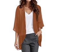 Damen-Strickjacke, einfarbig, elegant, Puffärmel, Chiffon, lockere Abdeckung, lässig, Bluse, Tops, kurzärmelig, Cardigans mit Taschen, Cardigan, Frühlings-Strickjacke, braun, X-Large
