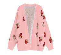 Damen Strickjacke Erdbeer Cardigan Weiche Strickmantel Langarm V Ausschnitt Strickmantel Pullover Weiche Jacke Rot XXL