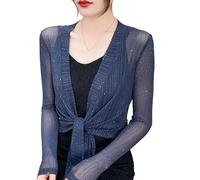 Damen Strickjacke,Kurzer Cardigan für Damen Leicht Zum Binden Langärmliges Pailletten Oberteil Transparenter Shrug Schal Elegante Strick Bolero Jacke Sommer Bademode Überzug für Kleider Blau S