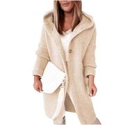 Damen Strickjacke Lang Frauen Einfarbige Dünne Open Front Cardigan mit Kapuze Herbst Winter Langarm Leicht Strick Mantel Elegant Casual Mode Strick Cardigan Oversize Strickpullover Jacke Outwear