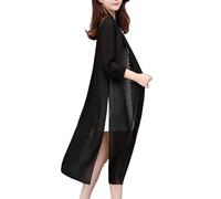 Damen Strickjacke,Langer Chiffon Kimono Cardigan für Damen, 3/4 Ärmel, Badeanzug, Lockere Überzüge, Oberbekleidung mit Seitenschlitzen, Bohemian Strandmode, Sommer Bolero, Shrug Tops, Schwarz, S