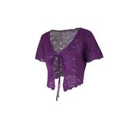 Damen-Strickjacke Mit Blumenmuster, Häkel-Cropped-Cardigan, Bindeband Vorne, Baumwolle, Bolero, Kurzarm, Boho-Spitze, Reguläre Passform, Lässige Tunika-Oberteile, Lila, S