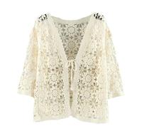 Damen-Strickjacke mit durchbrochenem Strick, Sonnenschutz, lockerer Schnitt, V-Ausschnitt, bauchfrei, dünner Schal, beige, XXL