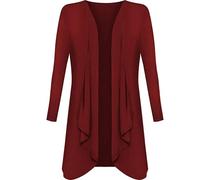 Damen-Strickjacke mit Einstecksaum und Wasserfall, lange Ärmel, vorne offen, Jersey-Strickjacke, wein, 34-36