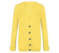 Damen-Strickjacke mit langen Ärmeln und Knöpfen, Aran-Zopfmuster, gelb, 46-48