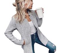 Damen-Strickjacke mit Langen Ärmeln und Tasche, einfarbig, offener Front, lässiger Twill-Blazer (Gray-A,3XL)