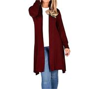 Damen Strickjacke mit langen Ärmeln, vorne offen, einfarbig, knielang, Partykleidung, legeres langes Oberteil, wein, 50-52
