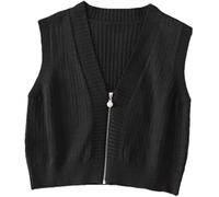 Damen-Strickjacke mit Reißverschluss, V-Ausschnitt, ärmellos, gestrickt, kurze Strickweste, lässig, einfarbig, Strickweste, Oberteil für Frühling und Herbst, Schwarz , Einheitsgröße