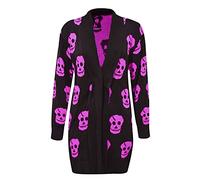Damen Strickjacke mit Totenkopf-Aufdruck, langärmelig, vorne offen, Schwarz mit magentaem Totenkopf, 50-52