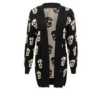 Damen Strickjacke mit Totenkopf-Aufdruck, langärmelig, vorne offen, Schwarz mit Steinschädel, 38-40