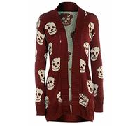 Damen Strickjacke mit Totenkopf-Aufdruck, langärmelig, vorne offen, Wein mit Stein Totenkopf, 34-36