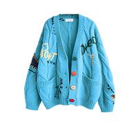 Damen-Strickjacke mit Zopfmuster, Lange Ärmel, offene Vorderseite, Schaf, V-Ausschnitt, Knopfleiste, Stickerei, Wollmischung, Pullovermantel, Outdoor-Kleidung, Blau, XX-Large