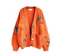 Damen-Strickjacke mit Zopfmuster, Lange Ärmel, offene Vorderseite, V-Ausschnitt, Knopfleiste, Stickerei, Wollmischung, Pullover, Jacke, Outdoor-Kleidung, Orange/Abendrot im Zickzackmuster (Sunset