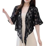 Damen Strickjacke,Shrug Cardigans Aus Transparenter Spitze für Damen, Kurzärmlig, Zum Binden Vorne, Leichte Sommer Überzüge, Kurze Oberteile, Bolero, Abendjacke, Bluse für Kleider, Schwarz, Xl