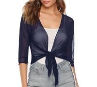 Damen Strickjacke Sommer, 2 Teiliges Chiffon Bolero Cardigan Set für Damen 3/4 Ärmel Transparentes Mesh Top Bindegürtel Vorne Lässige Sommerjacke Eleganter Schal Überwurf für Kleider Marinebla