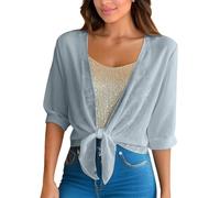 Damen Strickjacke Sommer, Damen Bolero Strickjacke Aus Chiffon Sommer Cardigan mit Bindeband Vorne Kurzarm Leichtes Lässiges Modell Elegante Stola Zum Überwerfen Über Kleider Grau Größe S