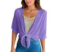 Damen Strickjacke Sommer, Damen Bolero Strickjacke Aus Chiffon Sommer Cardigan mit Bindeband Vorne Kurzarm Leichtes Lässiges Modell Elegante Stola Zum Überwerfen Über Kleider Lila L
