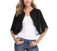 Damen Strickjacke Sommer, Eleganter Chiffon Schal Braut Cape Formeller Chiffon Bolero 3/4 Glockenärmel Schal Kurzes Bolero Top Überwurf für Abendkleider Schwarz Größe S