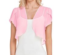Damen Strickjacke Sommer, Sommerlicher Bolero Shrug für Damen Rüschen Kurzarm Chiffon Cardigan Offenes Cropped Top Leichter Transparenter Shrug Jacket Eleganter Schal Überwurf Rosa L